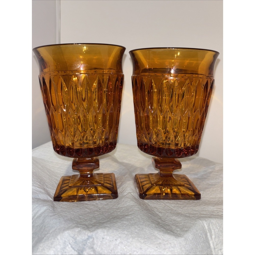 Indiana Glass Mount Vernon Amber Goblet Tumbler Pair 8 oz Pedestal Square Base